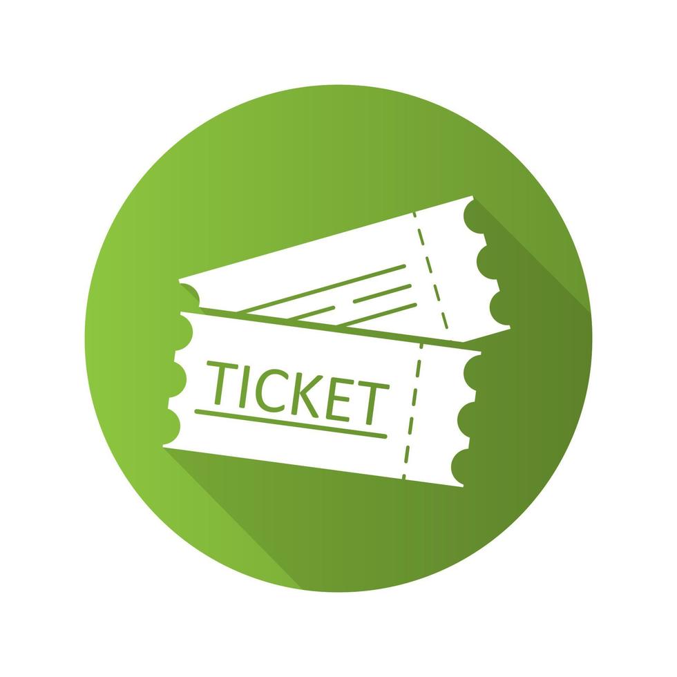 tickets plat ontwerp lange schaduw glyph pictogram. bioscoop-, vlucht- of sportevenementtickets. vector silhouet illustratie