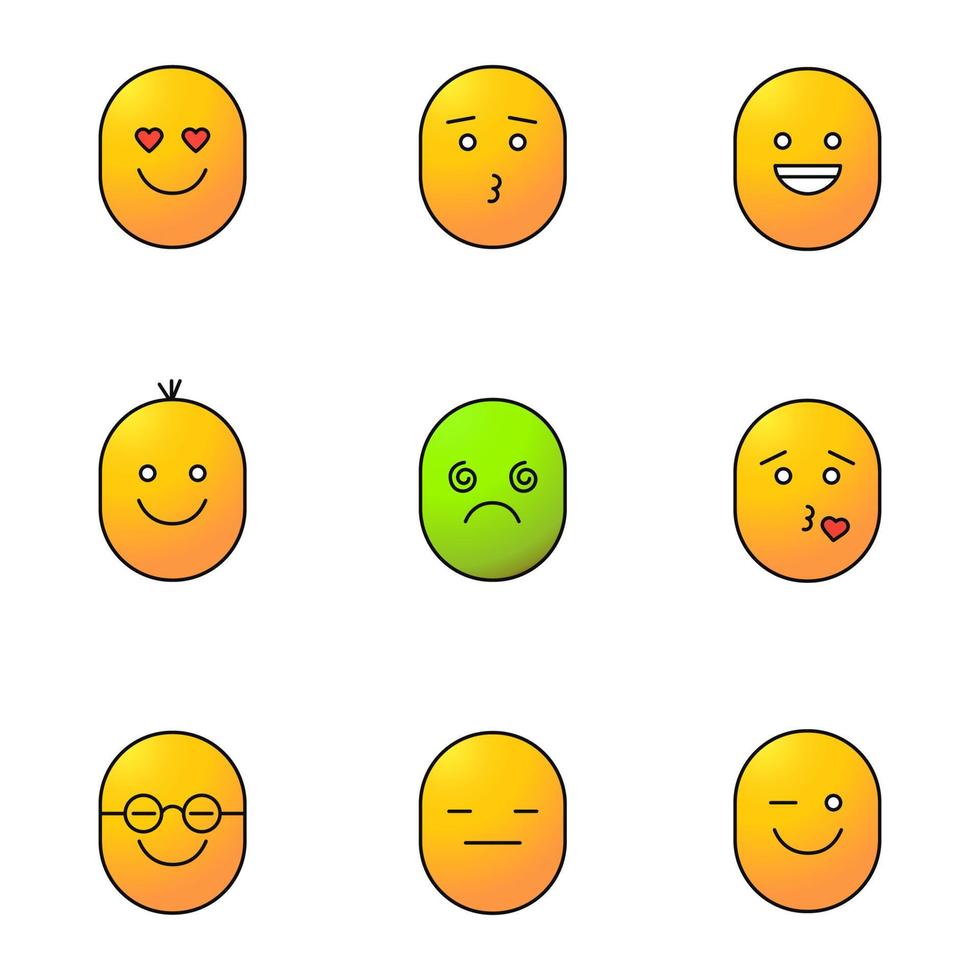 glimlacht gekleurde pictogrammen instellen. emoticons. goed en slecht humeur. verliefd, zoenen, lachen, duizelig, slim, serieus, knipogende gezichten. geïsoleerde vectorillustraties vector