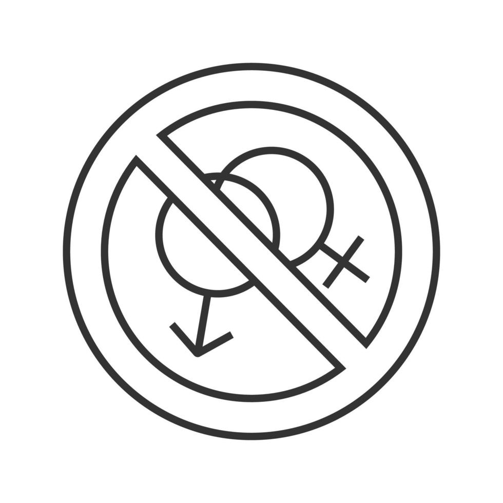 verbod cirkel met mannelijke en vrouwelijke tekenen lineaire pictogram. dunne lijn illustratie. geen seks verboden teken. stop contour symbool. vector geïsoleerde overzichtstekening