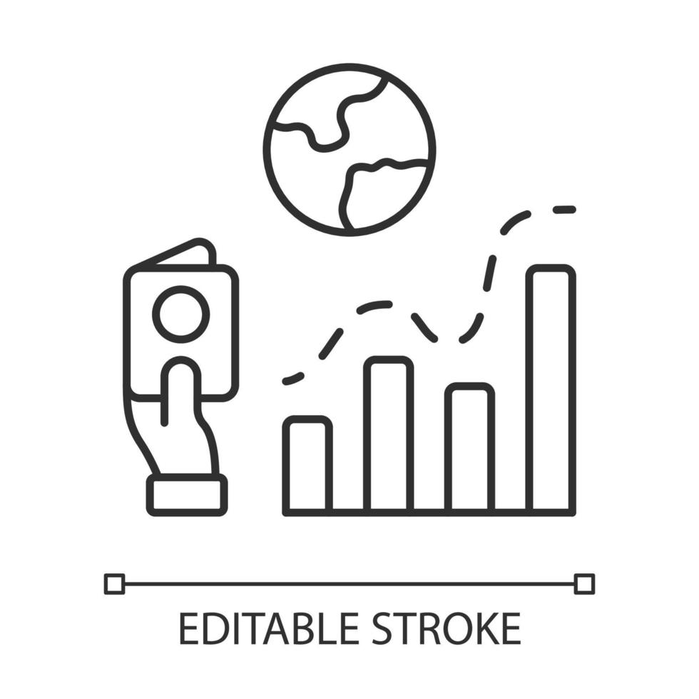 immigratie tarief lineaire pictogram. bedrijfsanalyse, analytisch onderzoek. data weergave. internationale migratie. dunne lijn illustratie. contour symbool. vector geïsoleerde overzichtstekening. bewerkbaar