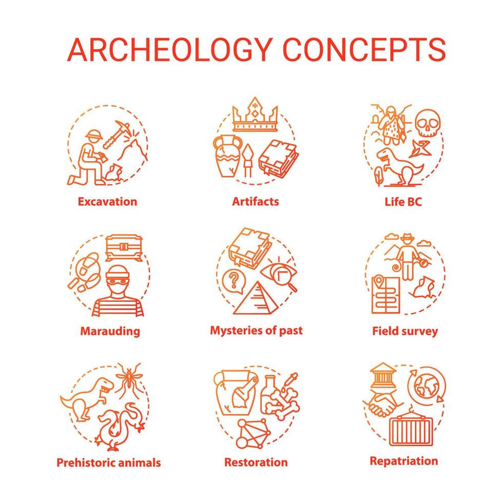 archeologie concept pictogrammen instellen. het bestuderen van de geschiedenis van oude artefacten. opgravingen, behoud van waarden idee dunne lijn rgb kleurenillustraties. vector geïsoleerde overzichtstekeningen