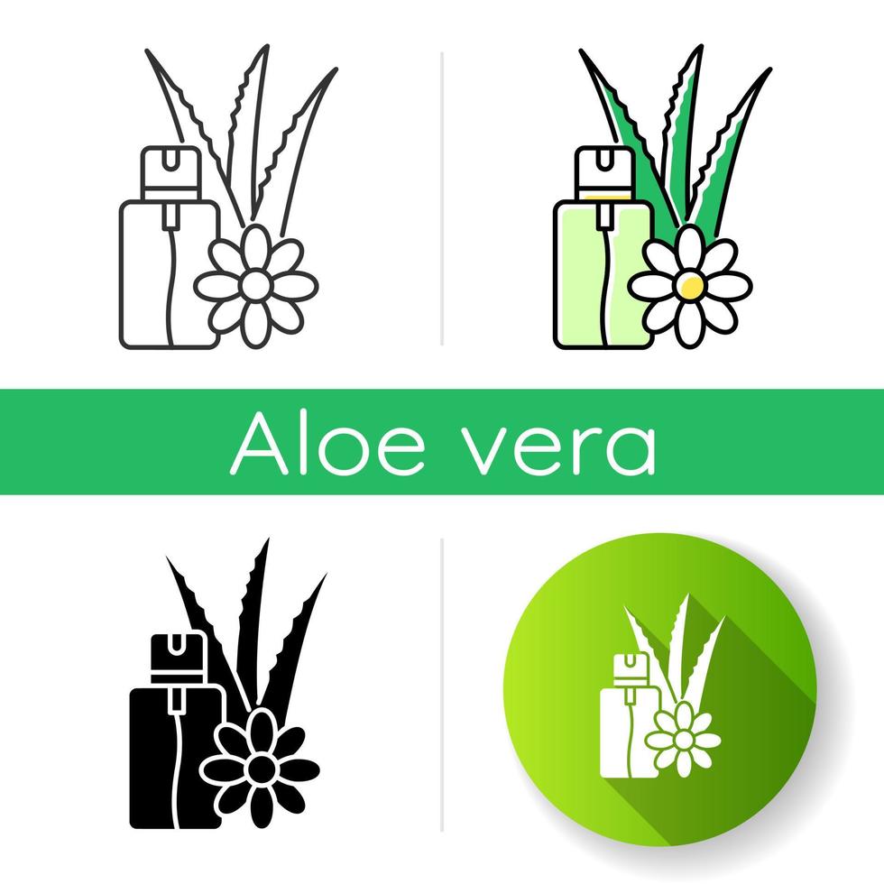 aloë vera noodspray icoon. veganistische cosmetica in spuitbus. natuurlijke bloemenessentie. plantaardig serum en olie. medische vloeistof. lineaire zwarte en rgb-kleurstijlen. geïsoleerde vectorillustraties vector