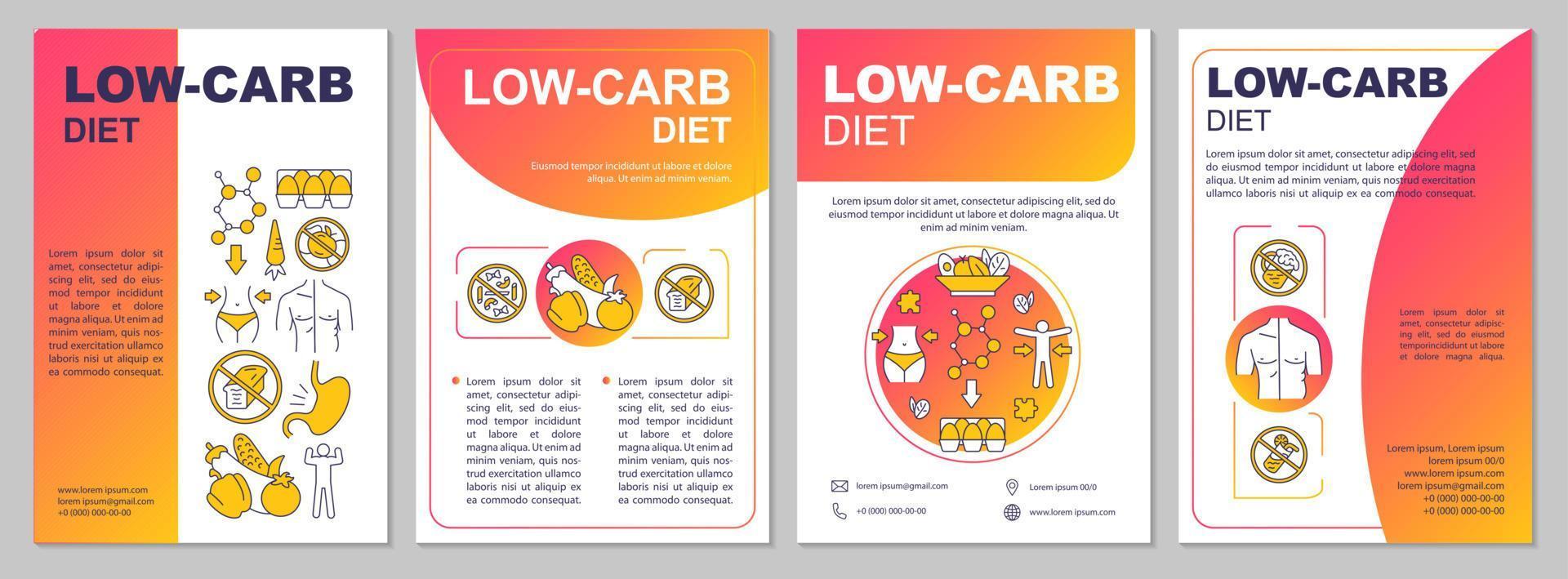 low carb dieet gradiënt brochure sjabloon. keto eten. flyer, boekje, folderdruk, omslagontwerp met lineaire illustraties. vectorpaginalay-outs voor tijdschriften, jaarverslagen, reclameposters vector