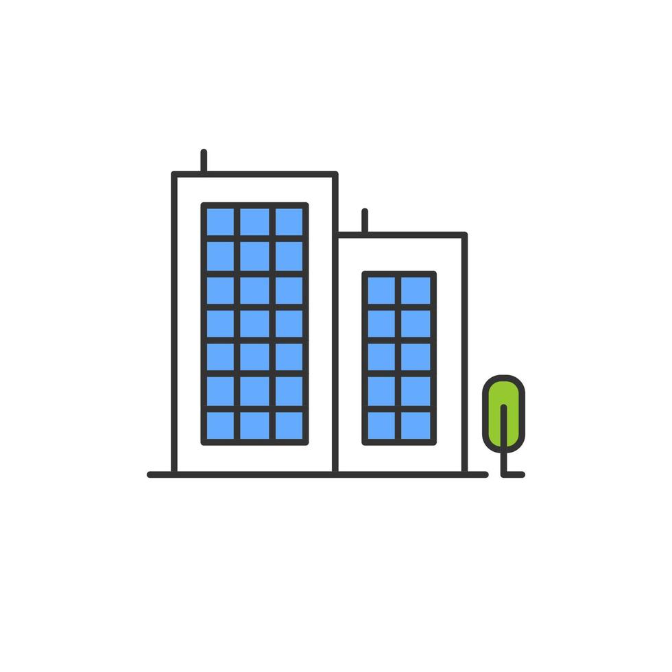 kleurpictogram met meerdere verdiepingen. appartement huizen en boom. woningen met meerdere verdiepingen, modern appartement. stadsaccommodatie, hotel, buitenkant van het zakencentrum. stedelijk bezit. geïsoleerde vectorillustratie vector