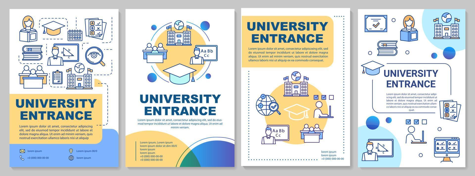 universiteitsingang brochure sjabloon. acceptatie van de middelbare school. flyer, boekje, folder afdrukken, omslagontwerp met lineaire pictogrammen. vectorpaginalay-outs voor tijdschriften, jaarverslagen, reclameposters vector