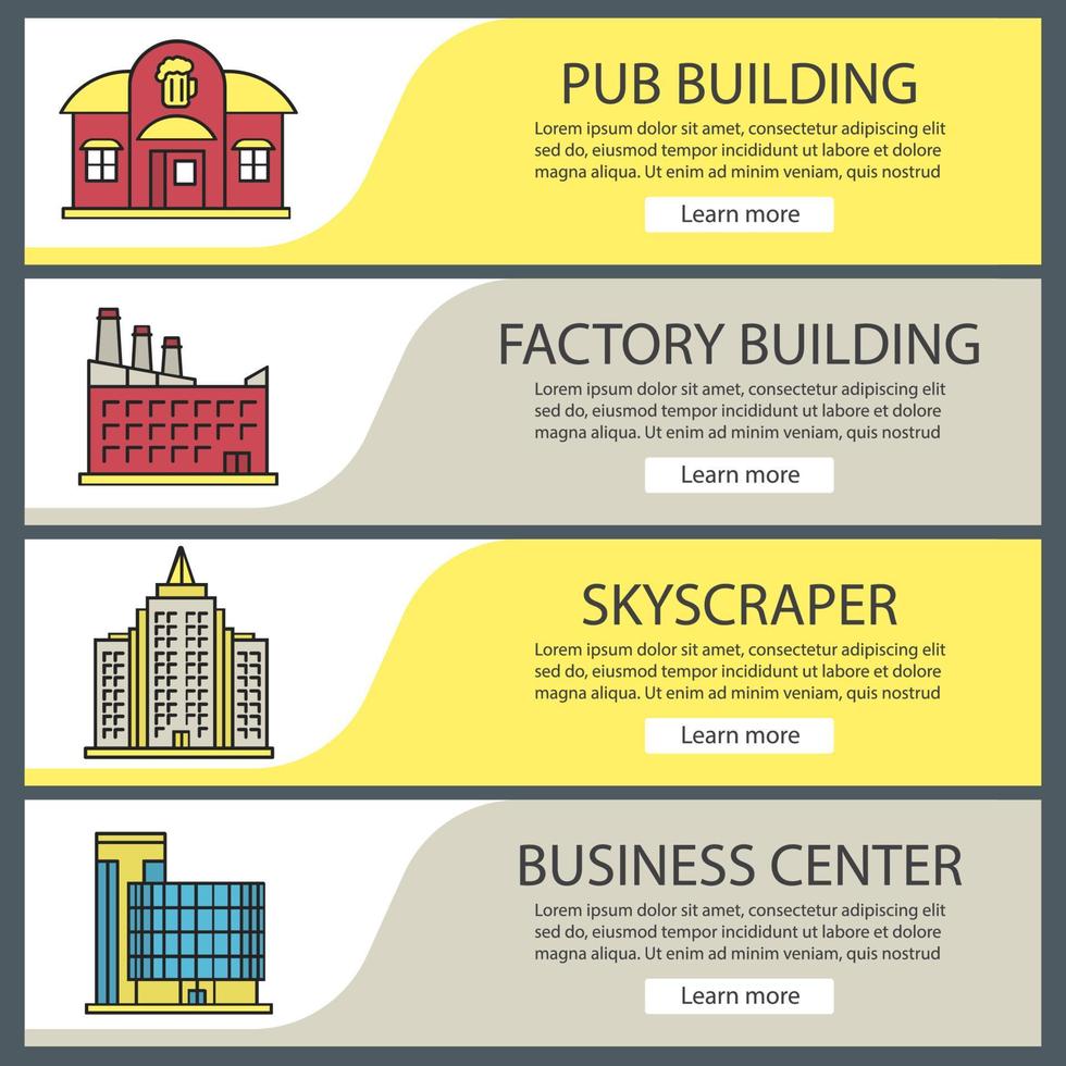 stad gebouwen webbanner sjablonen set. pub, wolkenkrabber, fabriek, zakencentrum. website kleur menu-items. ontwerpconcepten voor vectorkoppen vector