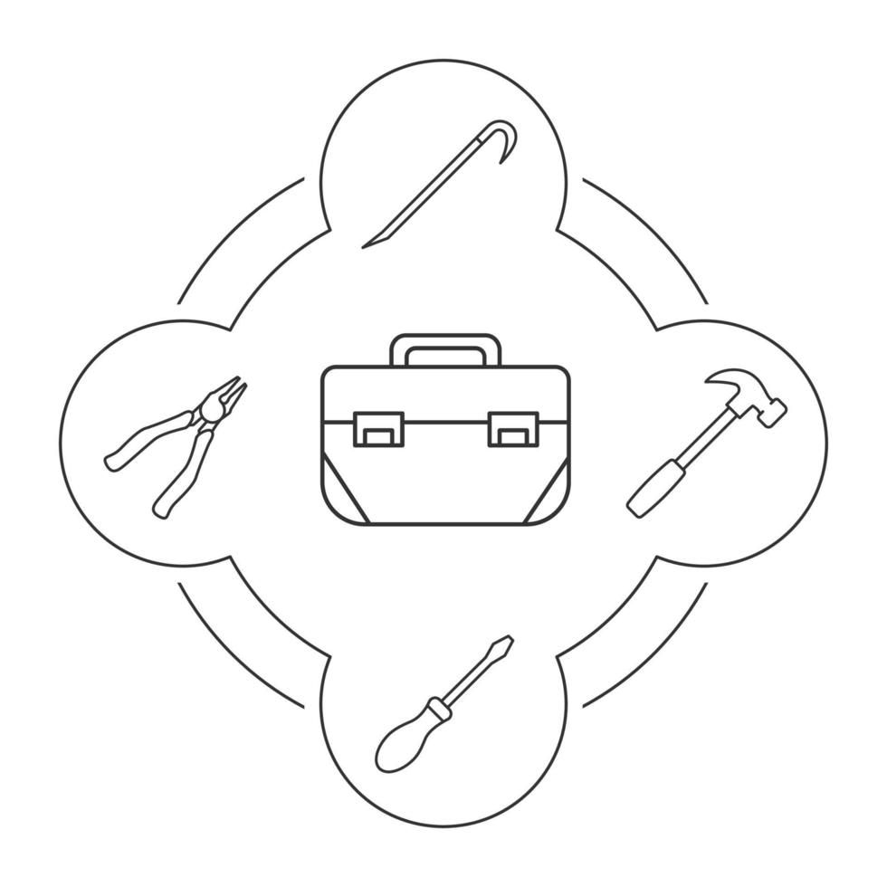 gereedschapskist inhoud lineaire pictogrammen instellen. bouw gereedschap. tang, koevoet, schroevendraaier, hamer. geïsoleerde vectorillustraties vector