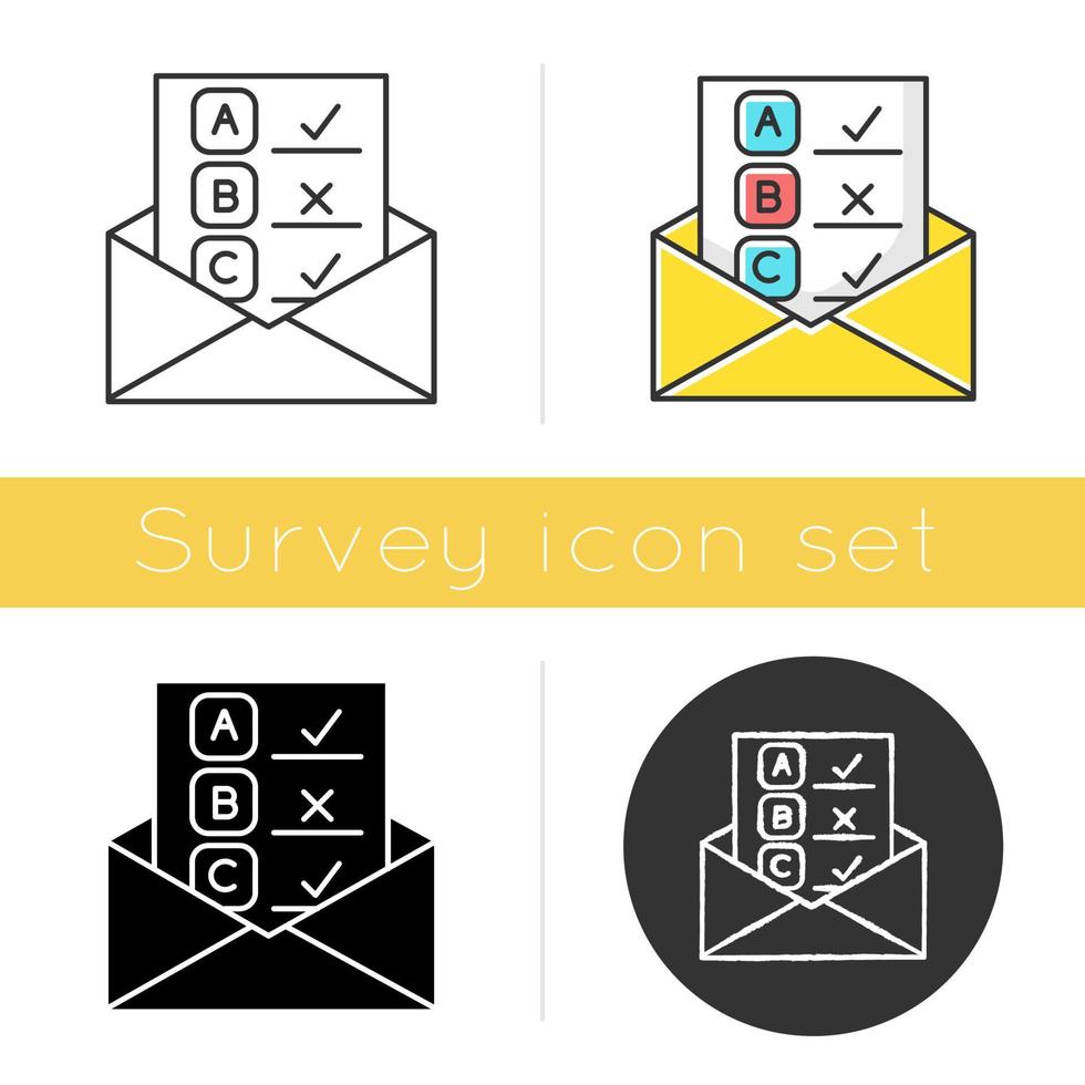 e-mail enquête icoon. publieke opinie. Onderzoek. recensie van de consument. klanttevredenheid. feedback. evaluatie. gegevens verzamelen. glyph-ontwerp, lineaire, krijt- en kleurstijlen. geïsoleerde vectorillustraties vector