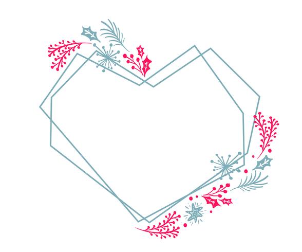 Kerst Hand getrokken hart krans geometrie frame gestileerde vierkant voor kaart met bloemen en bladeren. Scandinavische vector illustratie met plaats voor uw tekst