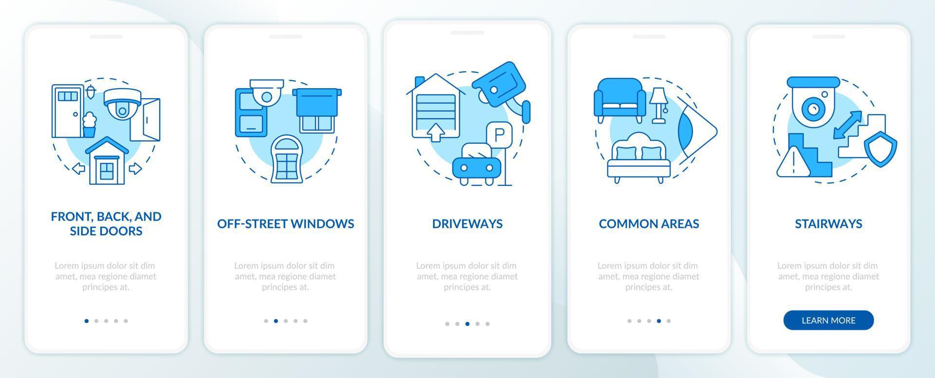 plaatsing van beveiligingscamera's blauw onboarding-paginascherm voor mobiele apps vector