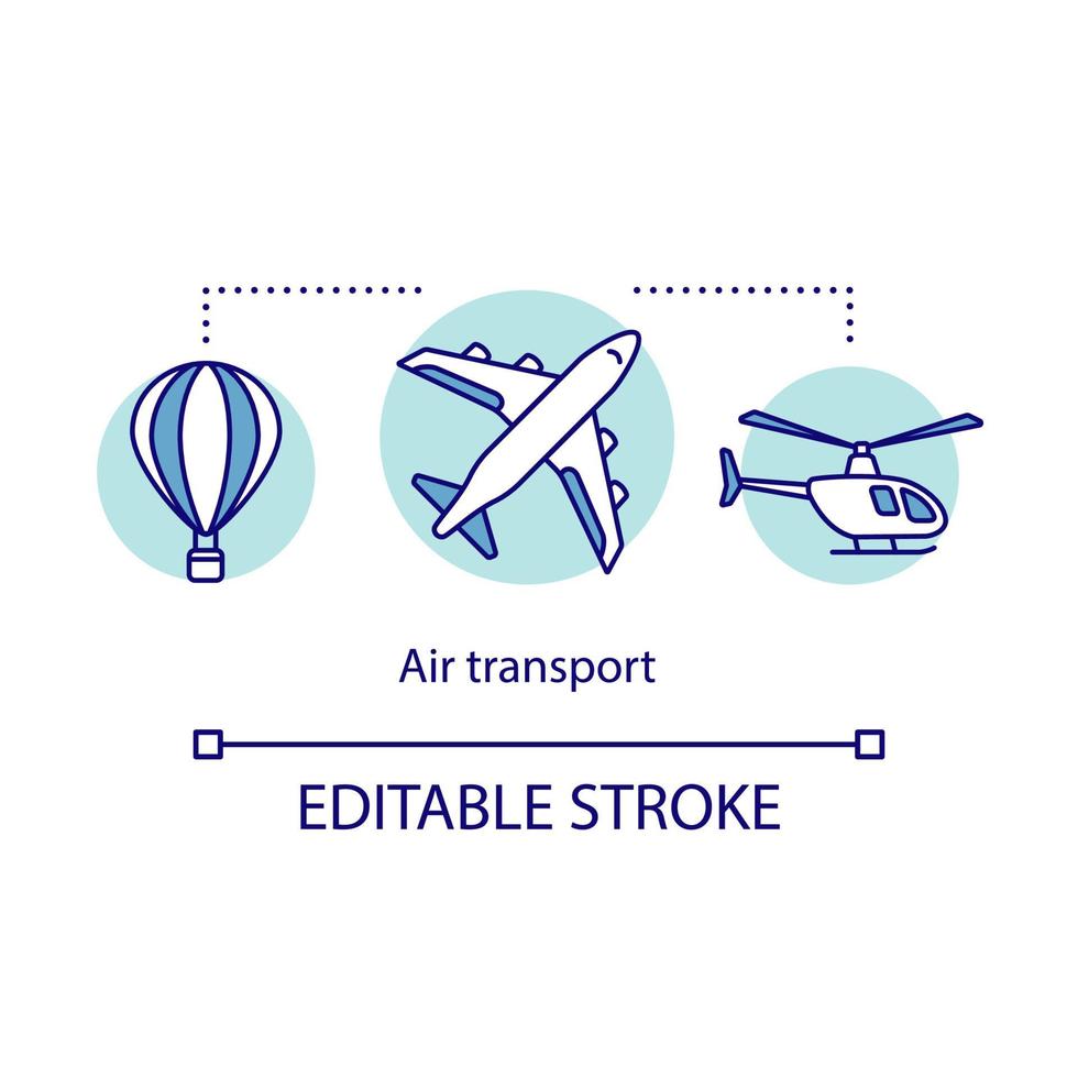 luchtvervoer concept icoon. langeafstandsvluchten idee dunne lijn illustratie. vliegtuig, helikopter, heteluchtballon. vervoer, luchtvaartmaatschappijen. vector geïsoleerde overzichtstekening. bewerkbare streek