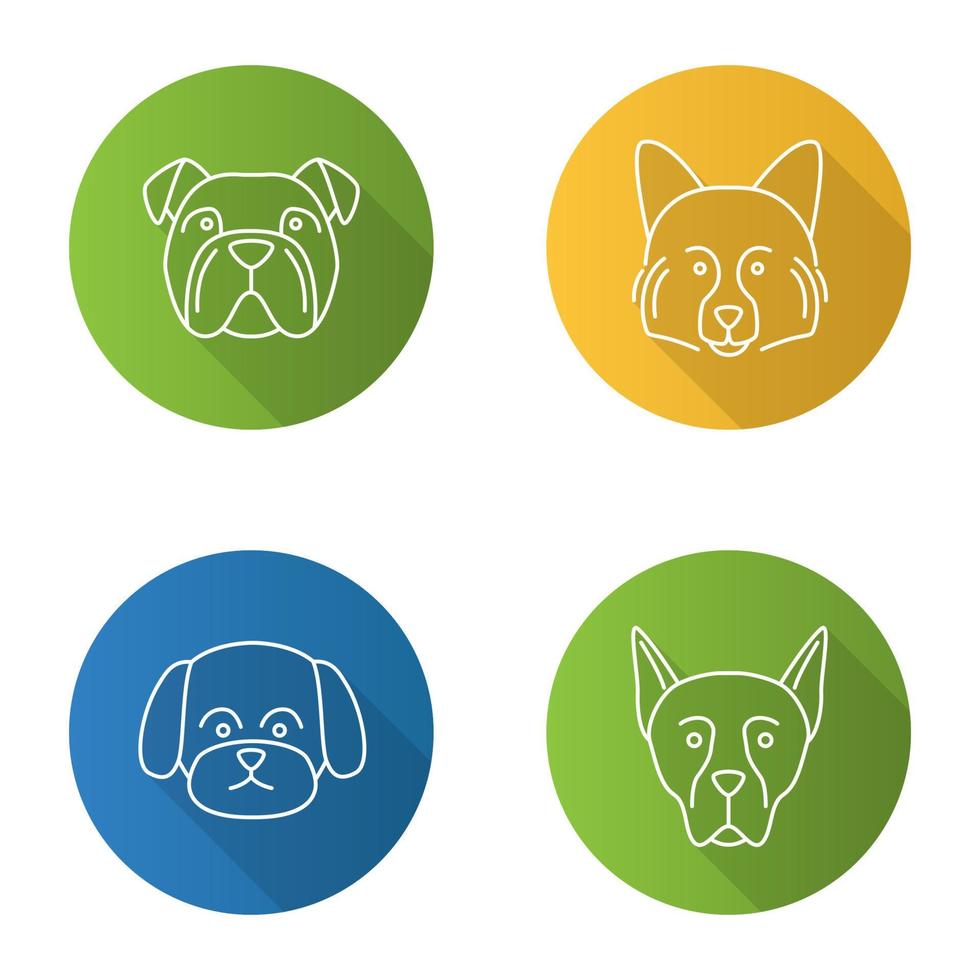 honden fokken platte lineaire lange schaduw iconen set vector