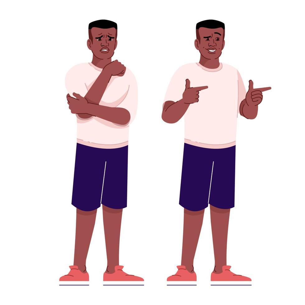 verdrietig en flirten man platte vectorillustratie. ongelukkige en speelse stemming. diepbedroefde en vrolijke Afro-Amerikaanse man geïsoleerde stripfiguren met overzichtselementen op een witte achtergrond vector