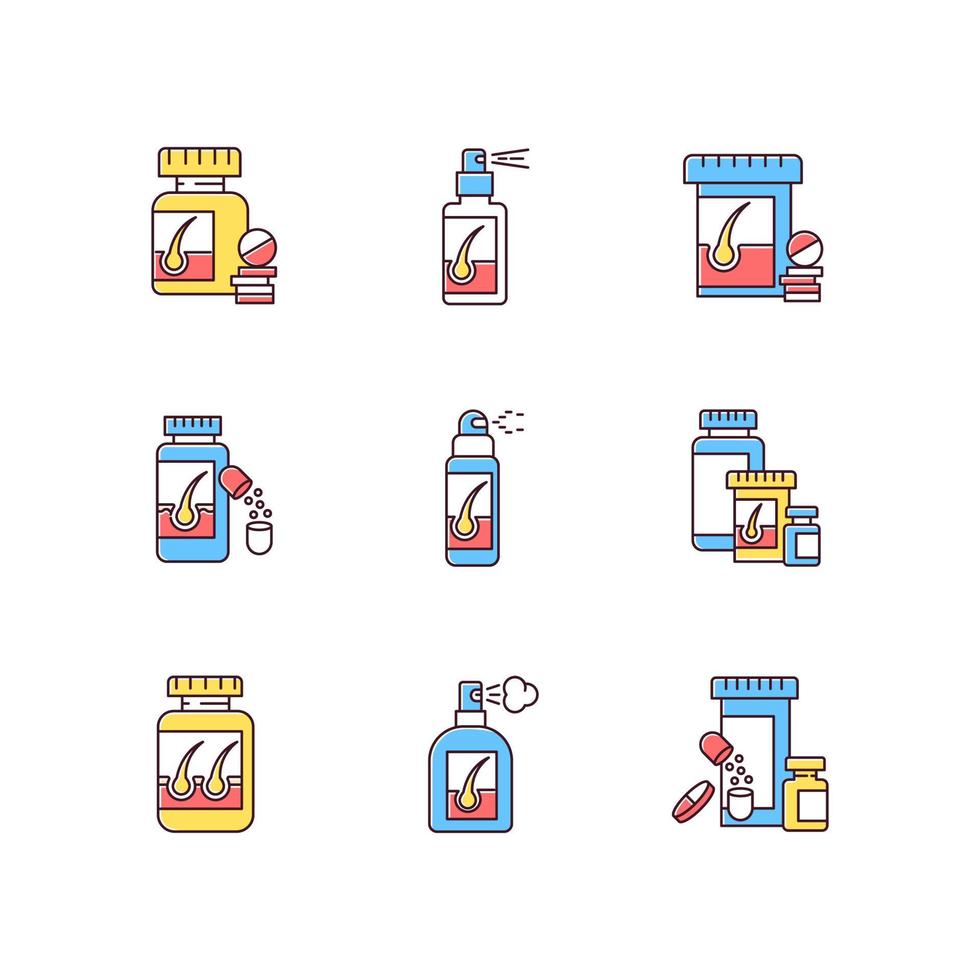 haaruitval rgb kleur iconen set. geneesmiddel voor alopecia. vitaminesupplementen om haaruitval te helpen. medische pillen, spray voor kaalheid. farmaceutische behandeling. geïsoleerde vectorillustraties vector