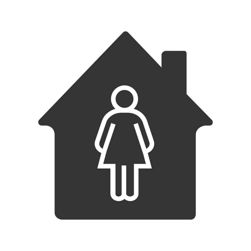 eigenaar glyph icoon. bewoner, huurder. silhouet symbool. huis met vrouw silhouet. negatieve ruimte. vector geïsoleerde illustratie