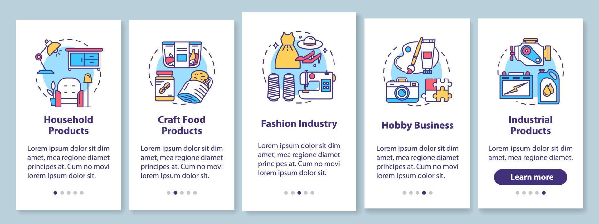 lokale productie onboarding mobiele app paginascherm, lineaire concepten. huishoudproducten. hobby bedrijf. vijf walkthrough stappen grafische instructies. ux, ui, gui vectorsjabloon met illustraties vector