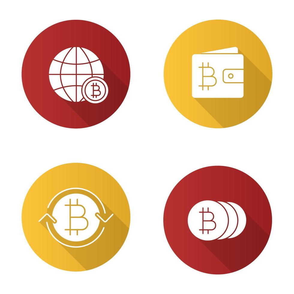 bitcoin platte ontwerp lange schaduw glyph pictogrammen instellen. wereldwijde bitcoin, portemonnee, uitwisseling, munten. vector silhouet illustratie