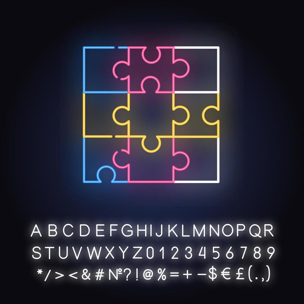 legpuzzel neonlicht icoon. tegels, montagespel. in elkaar grijpende stukken. mentale oefening. vindingrijkheid test. denkspelletje. gloeiend bord met alfabet, cijfers en symbolen. vector geïsoleerde illustratie