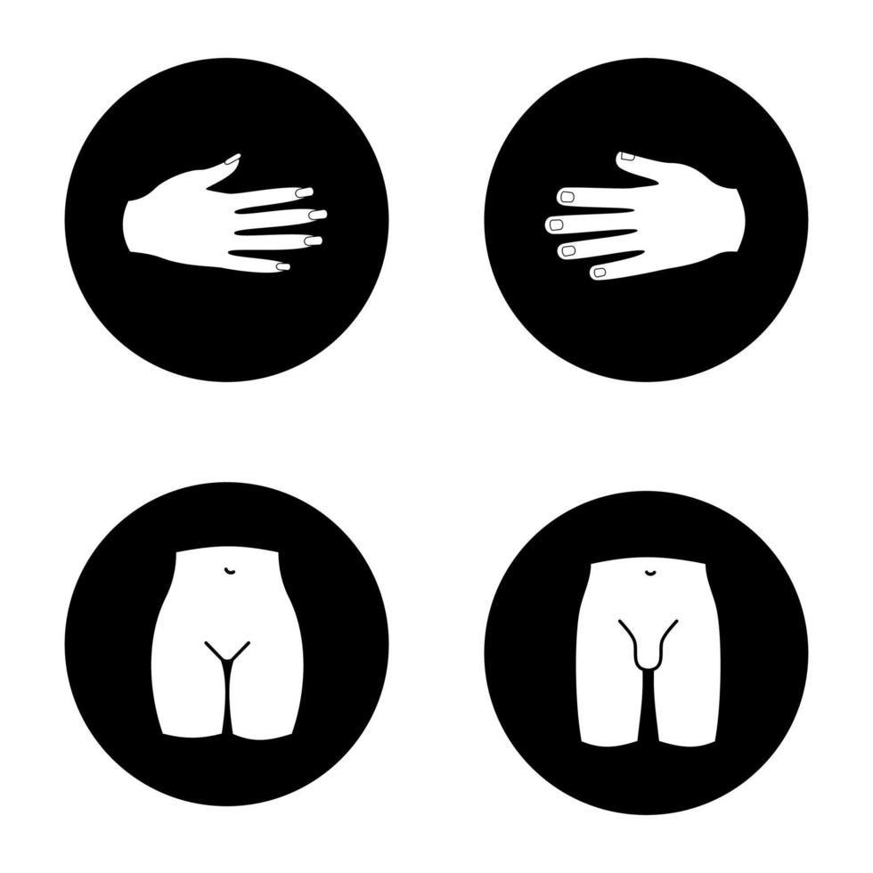 menselijke lichaamsdelen glyph pictogrammen instellen. mannelijke en vrouwelijke handen, bikinizone, mannenlies. vector witte silhouetten illustraties in zwarte cirkels