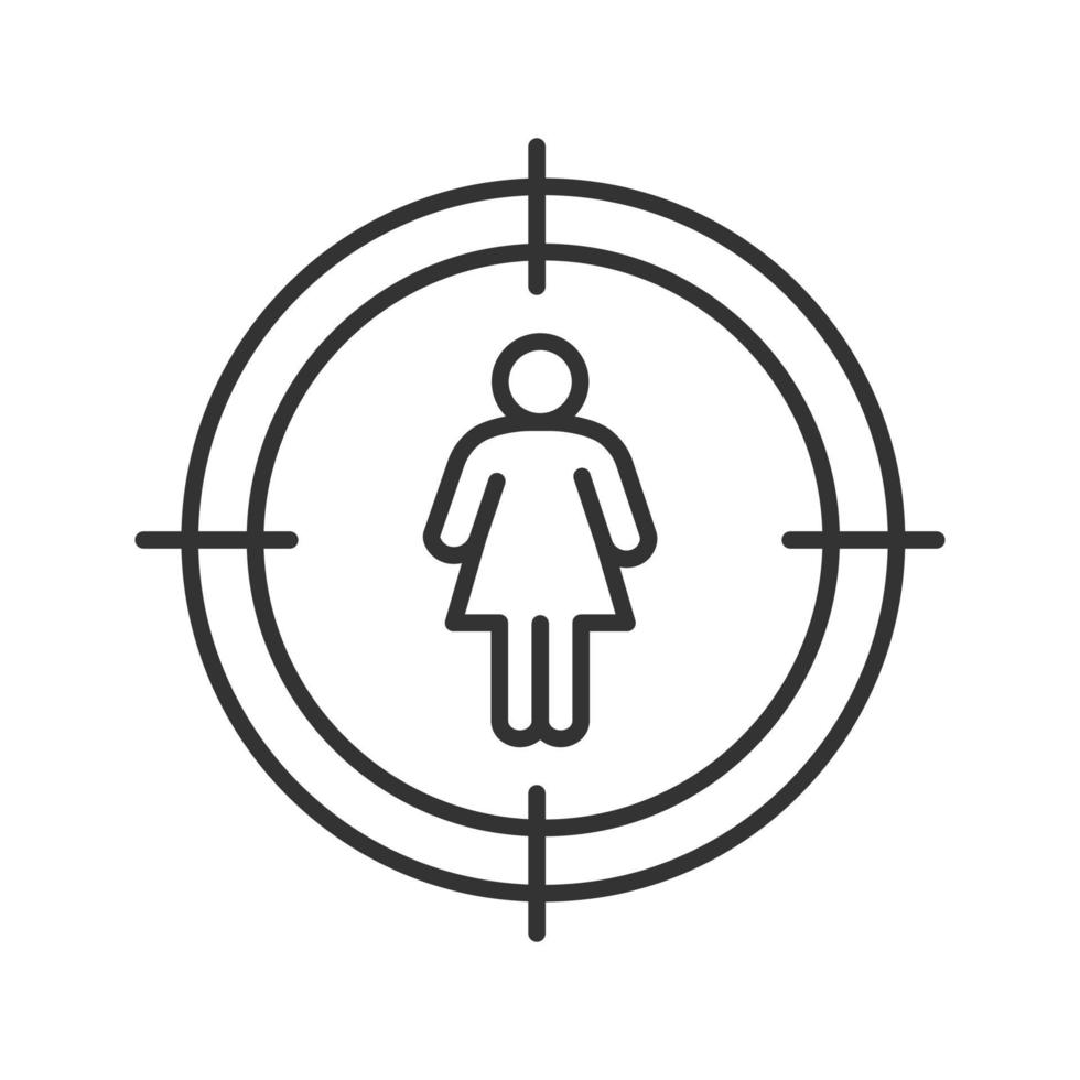 richt op het lineaire pictogram van het silhouet van de vrouw. personeel dat dunne lijnillustratie zoekt. het vinden van vrouw, meisje contour symbool. vector geïsoleerde overzichtstekening