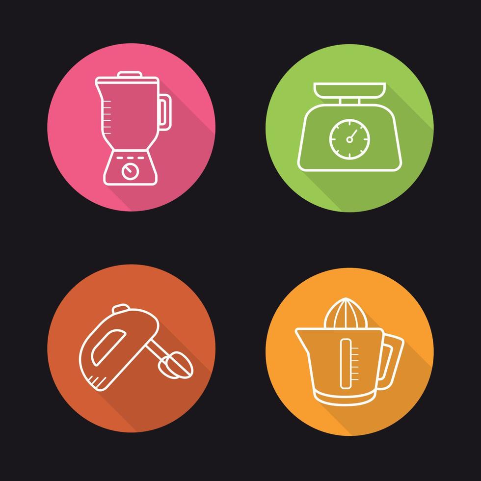 keukenapparatuur. vlakke lineaire lange schaduw iconen set. blender, handmixer, fruitpers, keukenweegschaal. vector lijn illustratie