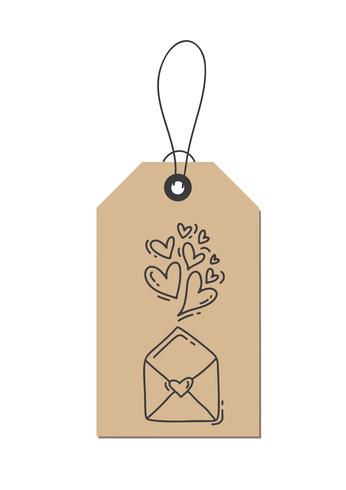 Vector monoline kalligrafie gedijen harten en envelop over liefde op Kraft-tag. Geïsoleerde Valentijnsdag Hand getrokken belettering illustratie. Hart vakantie schets doodle ontwerp valentijn kaart. liefdes decor voor web, bruiloft en print