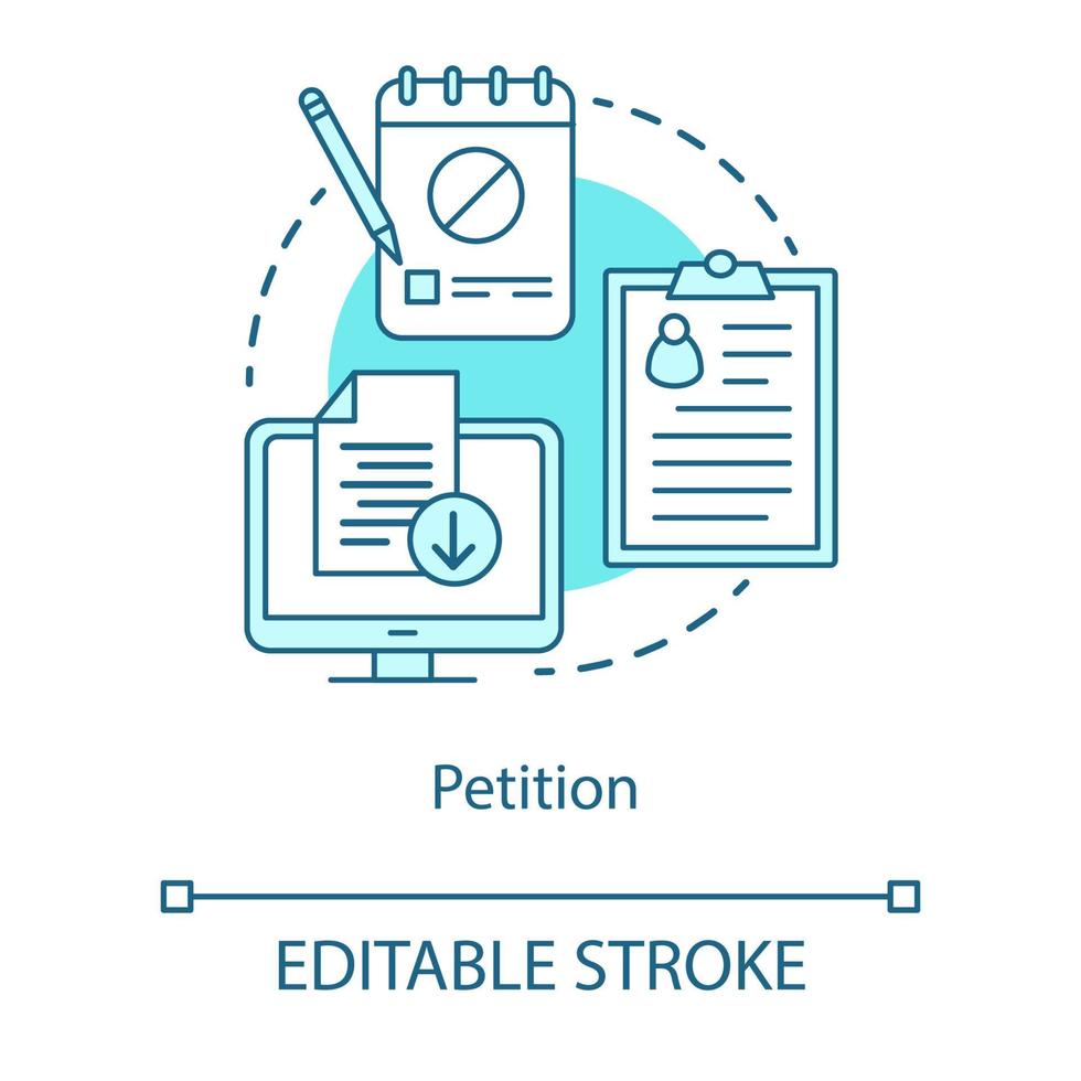 petitie concept icoon. handtekening collectie idee dunne lijn illustratie. computer, klembord en notitieblok vector geïsoleerde overzichtstekening. modern protest, demonstratie van de publieke opinie. bewerkbare streek