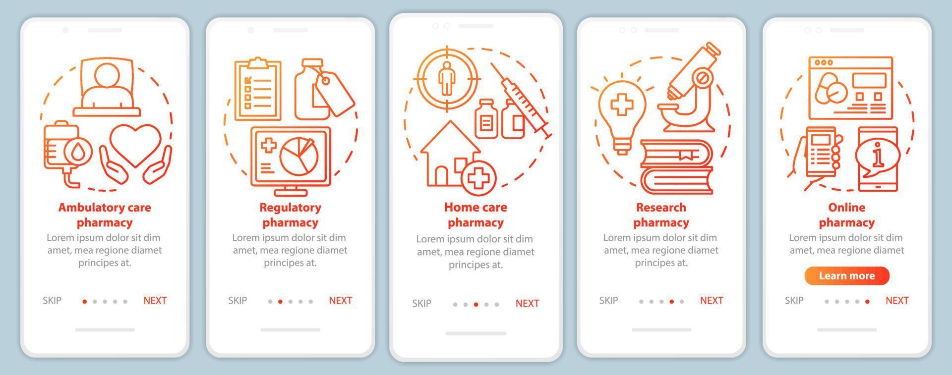 ambulante en thuiszorg apotheek onboarding mobiele app pagina scherm vector sjabloon. drugs onderzoek. walkthrough website stappen met lineaire illustraties. ux, ui, gui smartphone-interfaceconcept