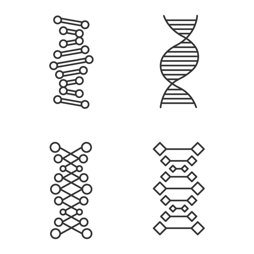 dna-ketens lineaire pictogrammen instellen. deoxyribonucleic, nucleïnezuur helix. moleculaire biologie. genetische code. genetica. dunne lijn contour symbolen. geïsoleerde vectoroverzichtsillustraties. bewerkbare streek vector