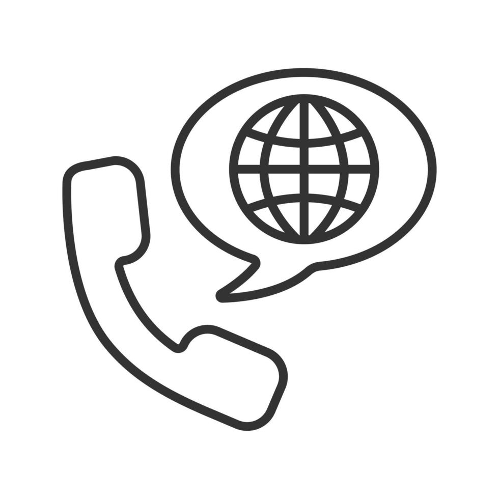 internationaal telefoongesprek lineair pictogram. dunne lijn illustratie. handset met wereldbol model in tekstballon. contour symbool. vector geïsoleerde overzichtstekening