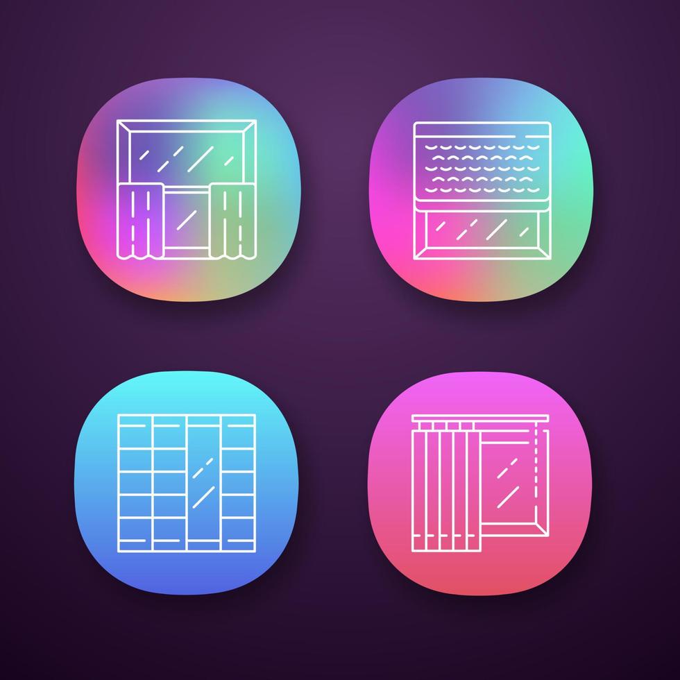 raamdecoratie app pictogrammen instellen. cafégordijnen, verticale jaloezieën, geweven houttinten, shoji-panelen. winkel interieur. web- of mobiele applicaties. geïsoleerde vectorillustraties vector