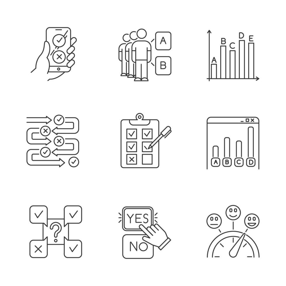 enquête lineaire pictogrammen instellen. online peiling. selecteer antwoord, optie. sociale mening. geschreven test. statistieken infografiek. dunne lijn contour symbolen. geïsoleerde vectoroverzichtsillustraties. bewerkbare streek vector