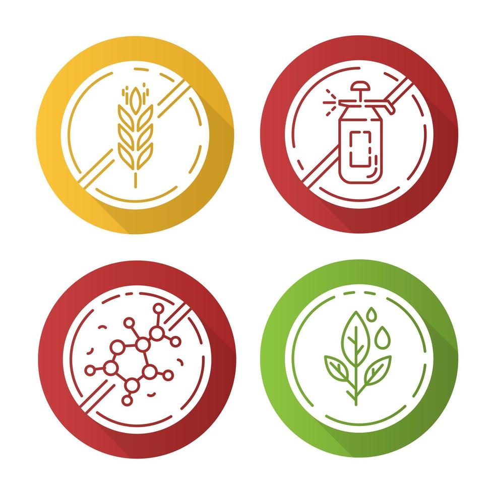 product gratis ingrediënt plat ontwerp lange schaduw glyph iconen set. geen gluten, pesticide, lectine, parabenen. biologisch voedsel voor gewichtsverlies. dieet zonder allergenen. vector silhouet illustratie