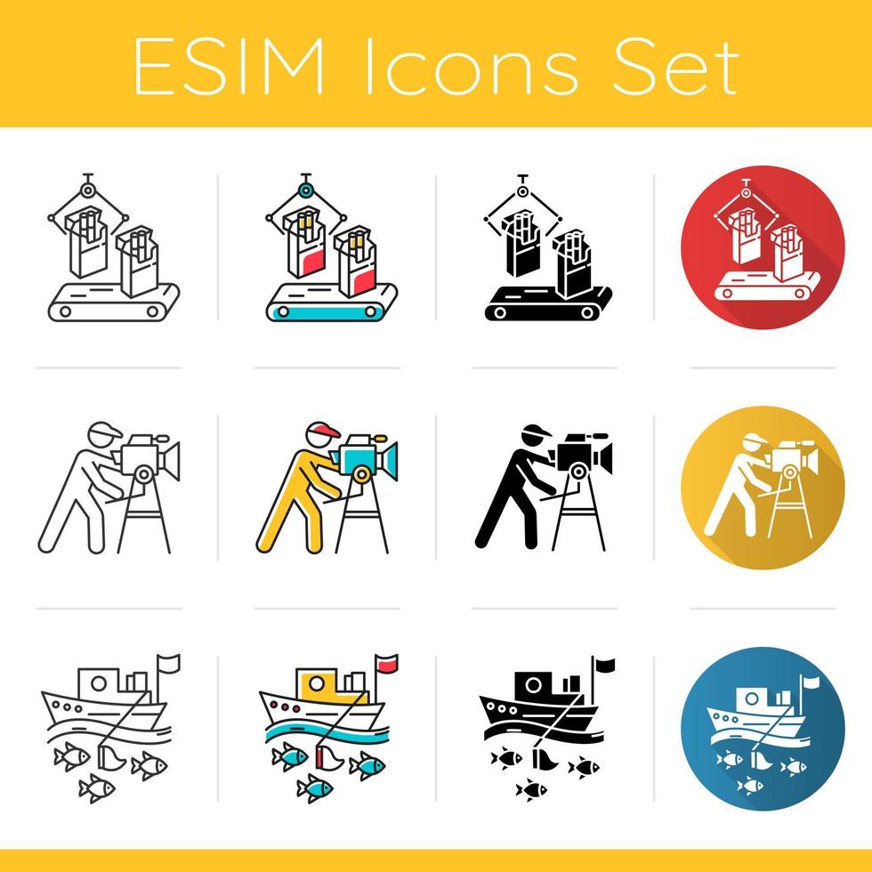 industrie typen pictogrammen instellen. tabak, film, visserijsectoren van de economie. productie van goederen en diensten. technologische ontwikkeling. plat ontwerp, lineaire, zwarte en kleurstijlen. geïsoleerde vectorillustraties vector