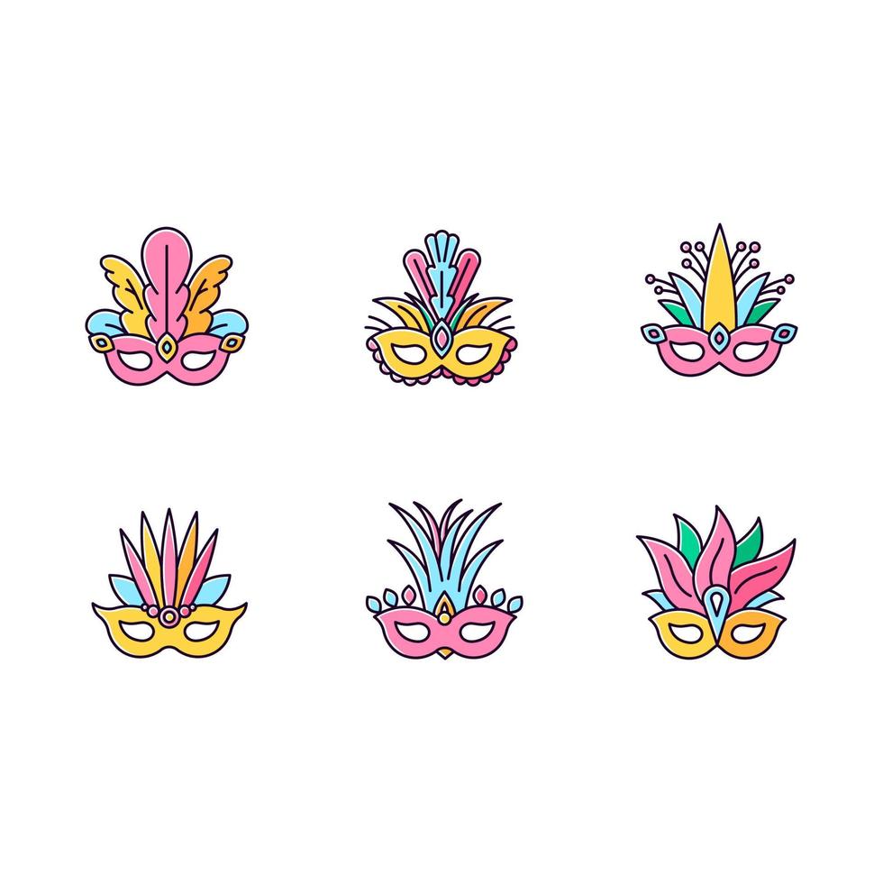 maskerade maskers gele rgb kleur iconen set. traditionele hoofddeksels met verenkleed. etnisch feest. Braziliaanse nationale feestdag. geïsoleerde vectorillustraties vector