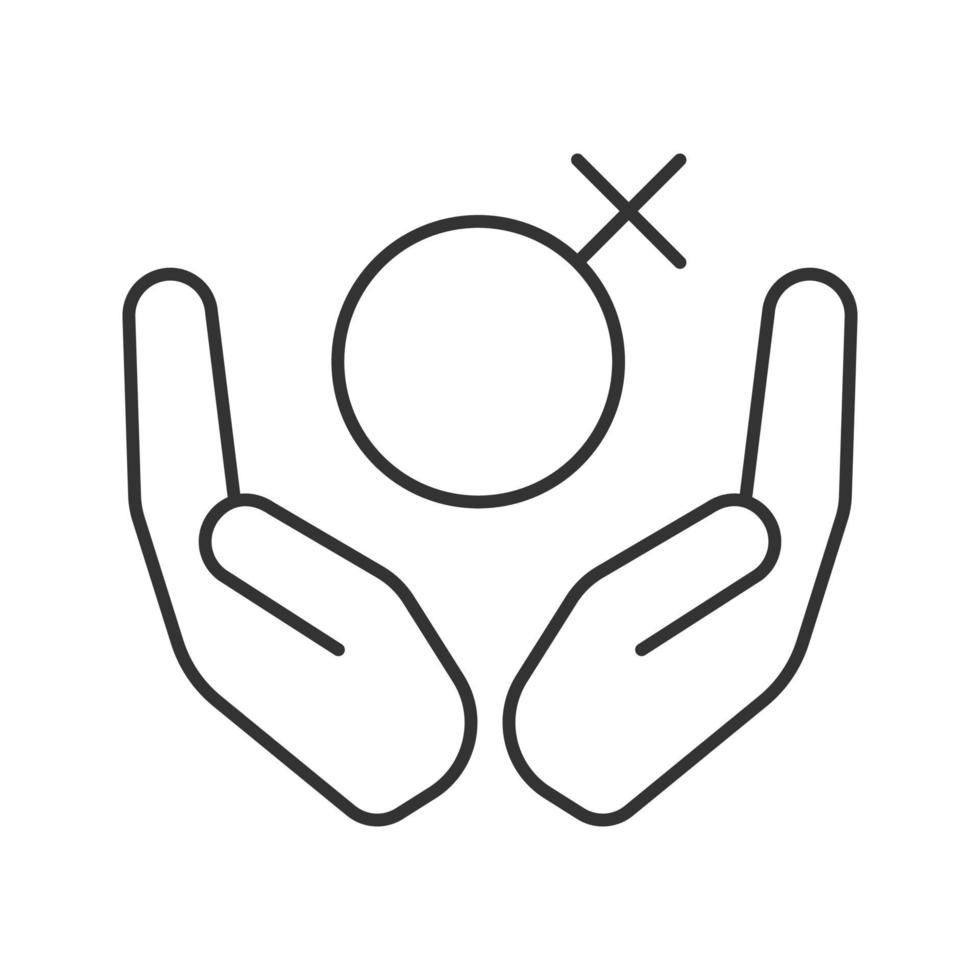 open handpalmen met lineair symboolpictogram voor vrouwen. gezondheidszorg voor vrouwen. dunne lijn illustratie. contour symbool. spiegel van venus. vector geïsoleerde overzichtstekening