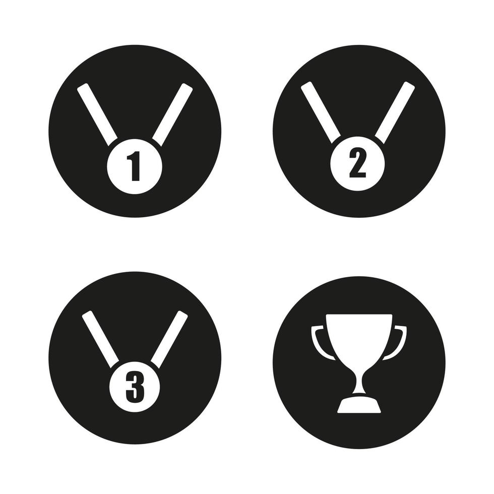 sport competitie beloningen pictogrammen instellen. winnaar beker, gouden, zilveren en bronzen medailles. vector witte silhouetten illustraties in zwarte cirkels