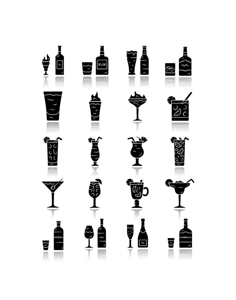 dranken slagschaduw zwarte glyph pictogrammen instellen. alcohol menukaart. dranken voor cocktails. whisky, rum, wijn, martini, margarita, absint. sterke drank die likeuren bevat. geïsoleerde vectorillustraties vector