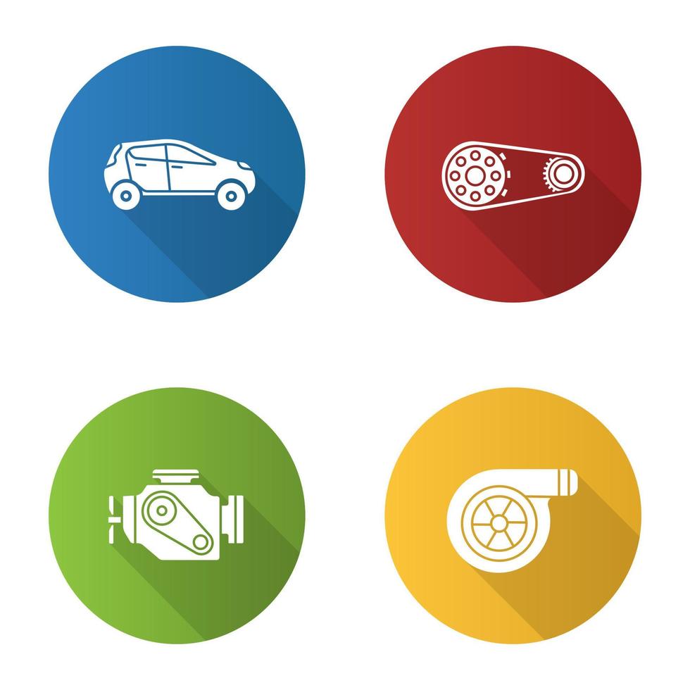 auto werkplaats plat ontwerp lange schaduw glyph iconen set vector