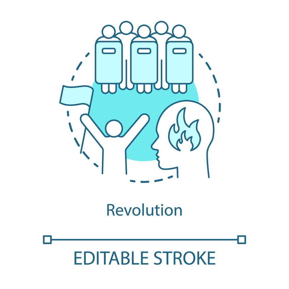 revolutie concept icoon. burgerlijke onrust, conflict idee dunne lijn illustratie. revolutionair met vlag en oproerpolitie met schilden vector geïsoleerde overzichtstekening. politieke rebellie. bewerkbare streek