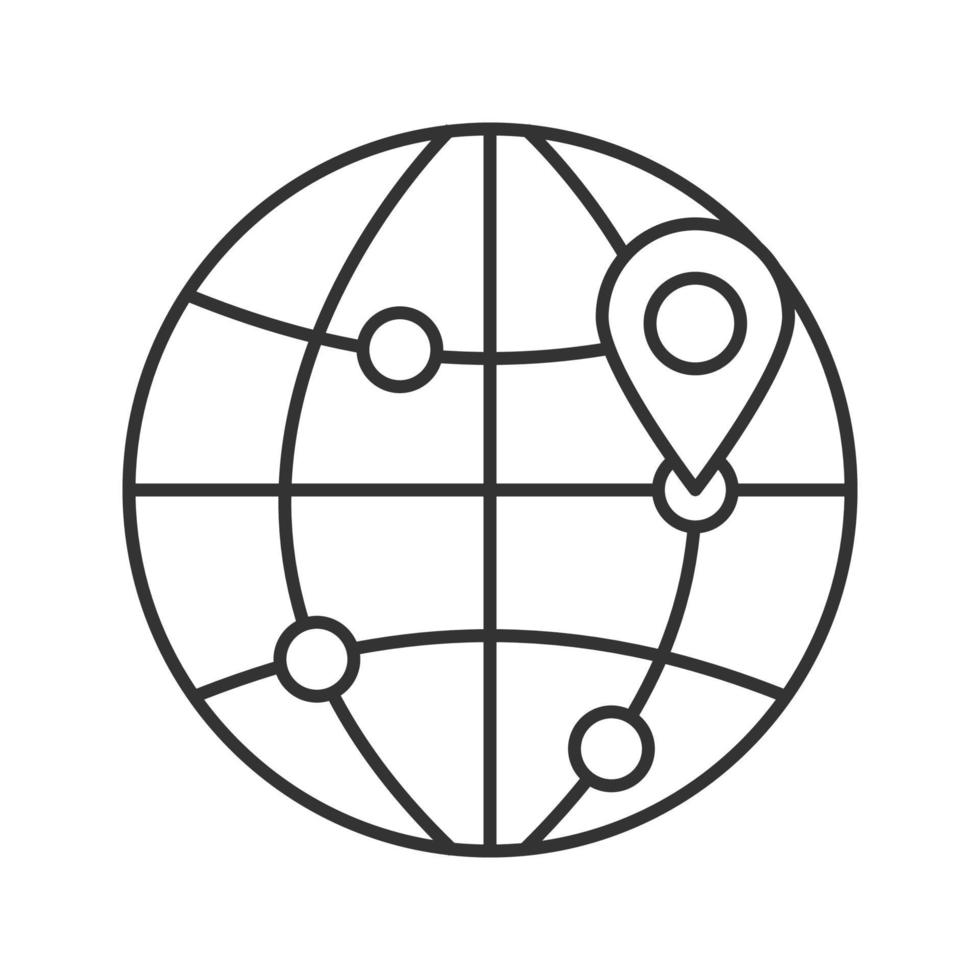 vlucht bestemmingen lineaire pictogram. wereldwijde reislocaties. dunne lijn illustratie. wereldbolmodel met routepunten en kaartpunt. contour symbool. vector geïsoleerde overzichtstekening