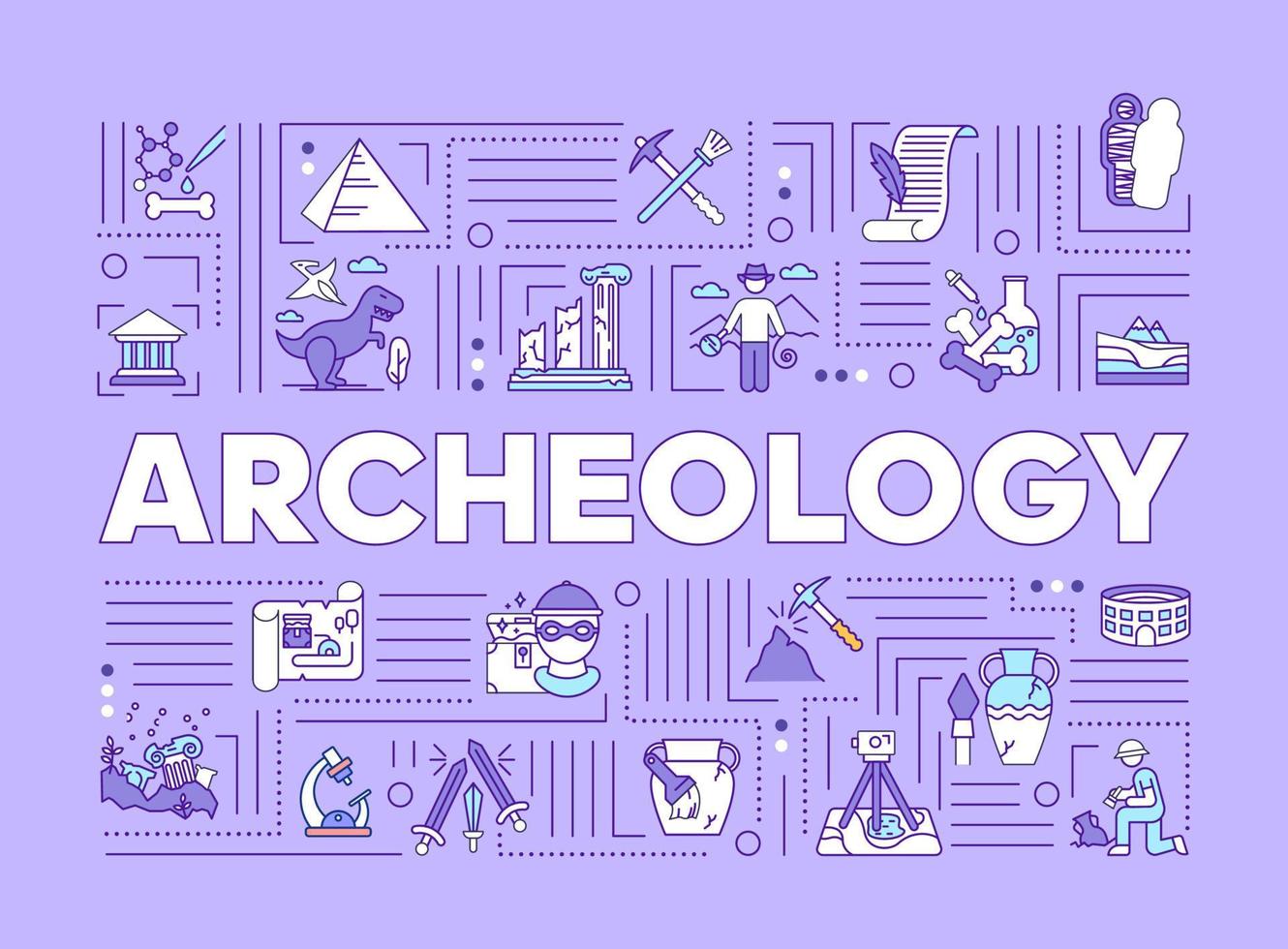 archeologie woord concepten banner. studie van de geschiedenis van fossiele vondsten. geschiedenis en paleontologie. infographics met lineaire pictogrammen op lila achtergrond. geïsoleerde typografie. vector overzicht illustratie