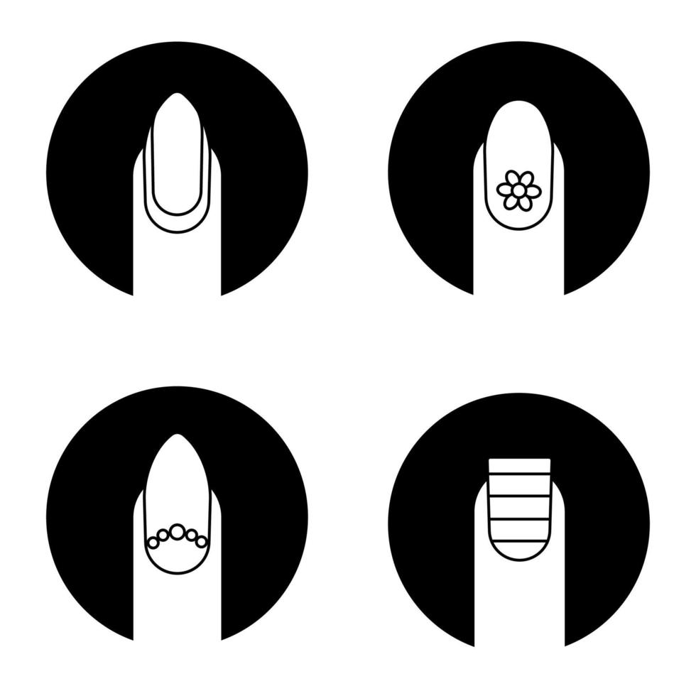 manicure glyph pictogrammen instellen. amandelvormige nagel met omgekeerde maan en kralen, strepen en bloem. soorten manicure. vector witte silhouetten illustraties in zwarte cirkels