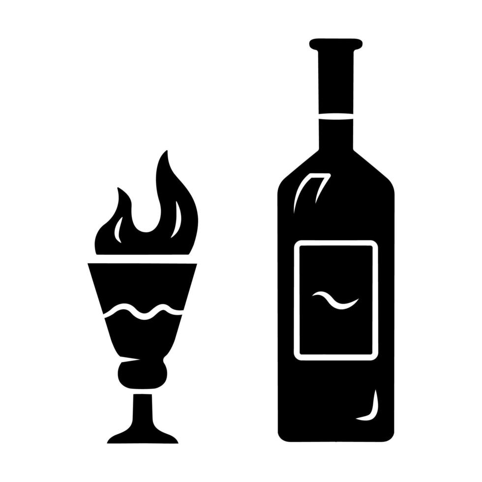 absint glyph-pictogram. fles en hoog glas op voet met vlammend schot. gedistilleerde drank. kruiden drank. alcoholbar drankje, drank. silhouet symbool. negatieve ruimte. vector geïsoleerde illustratie