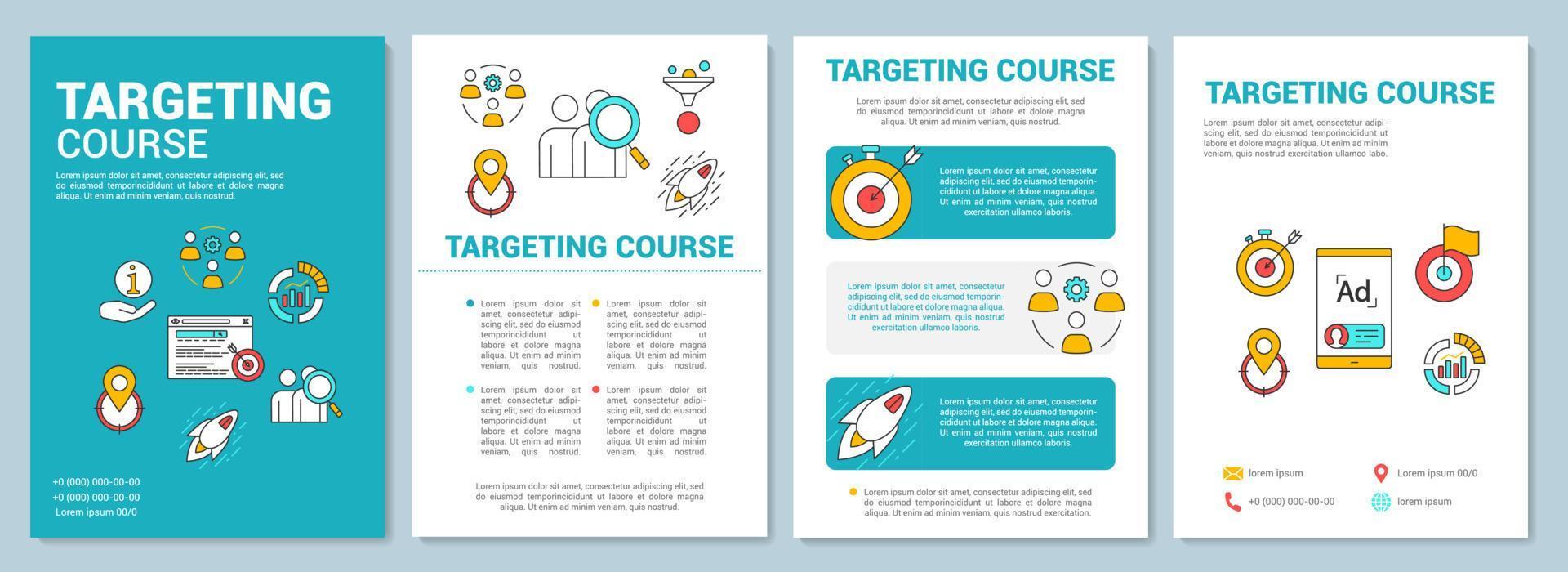 targeting cursus turkooizen achtergrond brochure sjabloon lay-out. flyer, boekje, folder printontwerp met lineaire illustraties. vectorpaginalay-outs voor tijdschriften, jaarverslagen, reclameposters vector