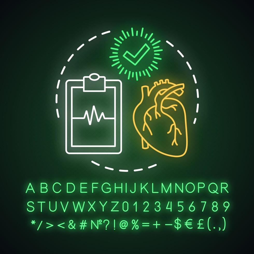 gezond hart neon licht concept icoon. medische behandeling, gezondheidszorg idee. gloeiend bord met alfabet, cijfers en symbolen. klembord met cardiogram en vinkje vector geïsoleerde illustratie