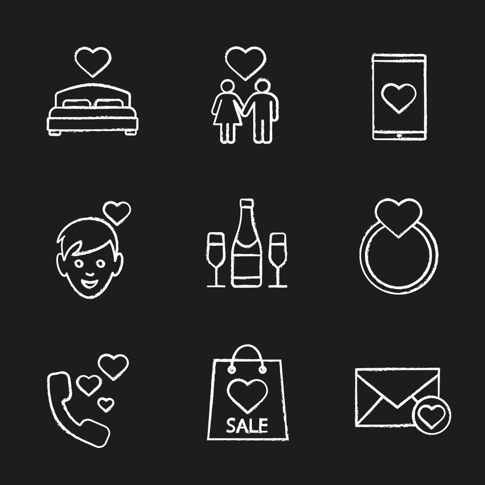 Valentijnsdag krijt pictogrammen instellen. bed, familie, smartphone dating app, jongen, champagne, trouwring met hart, romantisch gesprek, boodschappentas, liefdesbrief. geïsoleerde vector schoolbord illustraties