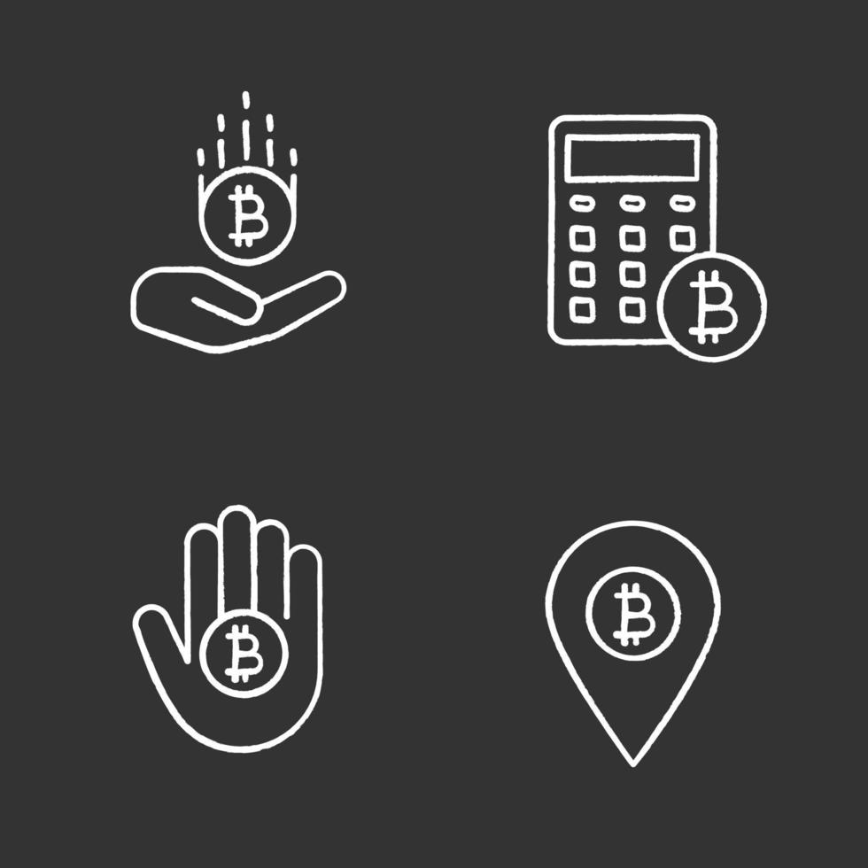 bitcoin krijt pictogrammen instellen. bitcoin-betalingen, ATM-locatie, berekeningen. geïsoleerde vector schoolbord illustraties