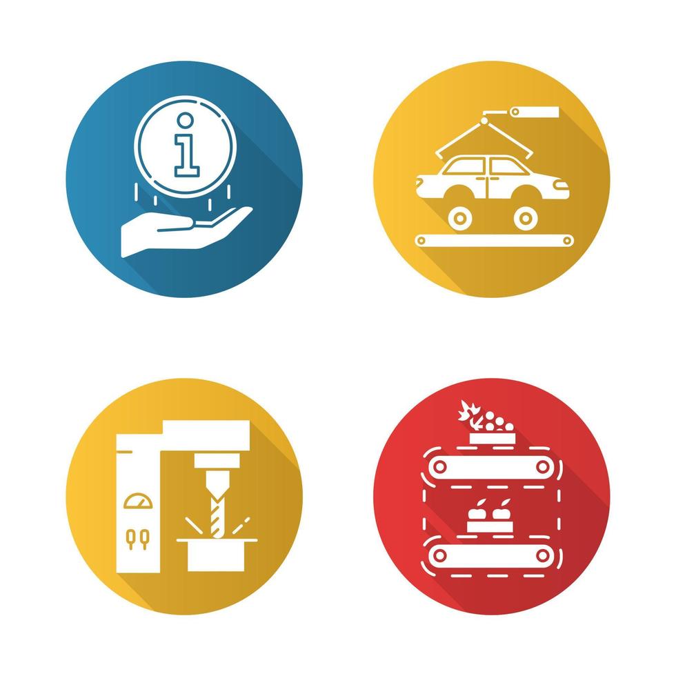 industrie typen platte ontwerp lange schaduw glyph pictogrammen instellen. autotechniek. informatie teken. staalindustrie. productie van fruit. auto, auto reparatie. voedselvoorraad. vector silhouet illustratie