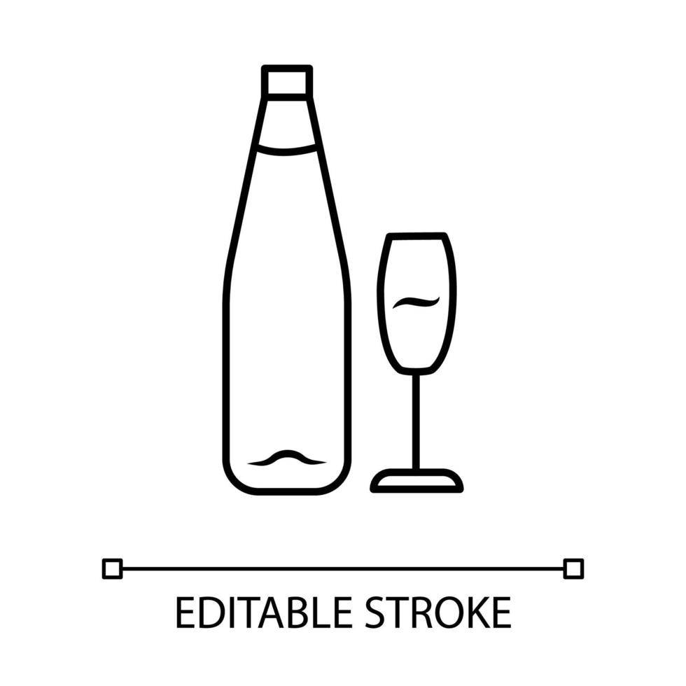 wijn lineaire pictogram. alcohol reep. fles en wijnglas. restaurantservice. standaard glaswerk voor witte wijn. dunne lijn illustratie. contour symbool. vector geïsoleerde overzichtstekening. bewerkbare streek